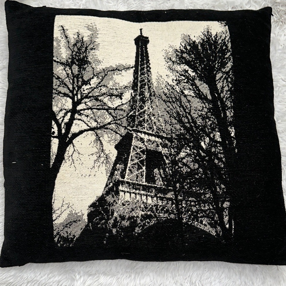 Eiffel Tower Paris Woven Tapestry Throw Pillow Black White Square 21x21